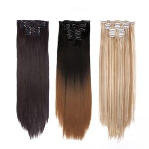 22-Inch Clip-On Synthetic Hair Extensions – Ombre, Curly, and Straight Styles with Heat-Resistant Fibers
