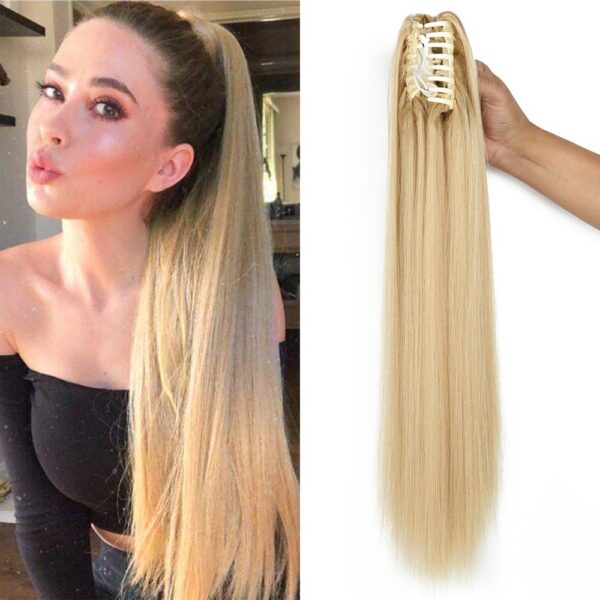 24-Inch Heat Resistant Straight Synthetic Ponytail - Clip-On Long Hair Extension for Women - Image 2