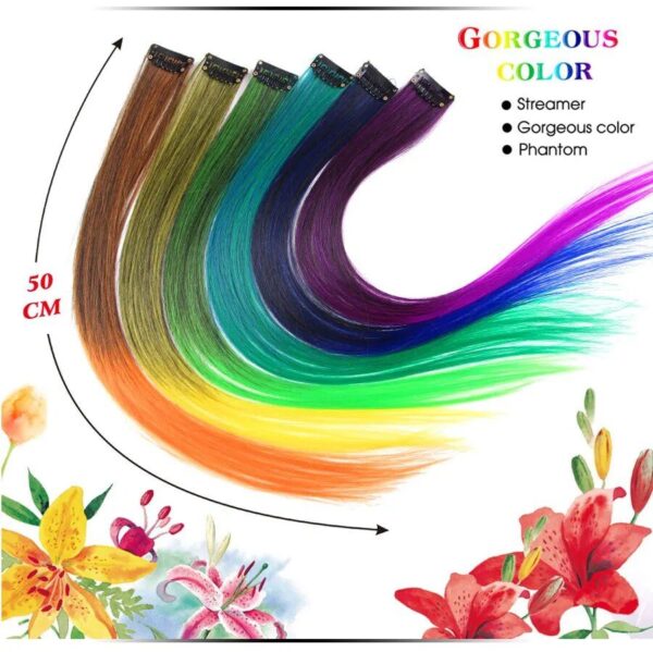 Rainbow Ombre Synthetic Clip-On Hair Extensions - 20" Colorful Hair Strands for Festivals and Daily Wear - Image 3